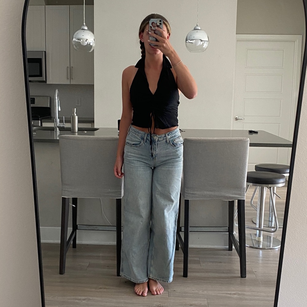 Blue Blush Black Haltered Collared Top